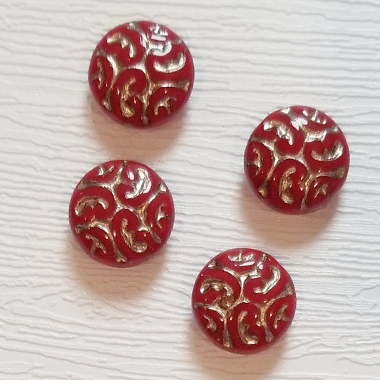 16mm Czech Glass Ornate Coin Beads - Red with Bronze Wash