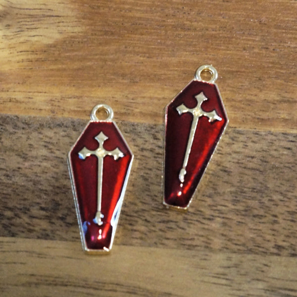 Red Enamel Coffin Charms with Gold Cross, 2 Pieces