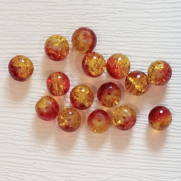 Red & Yellow Two Tone 8mm Crackle Glass Round Beads
