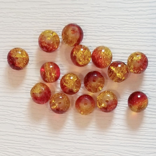 Red & Yellow Two Tone 8mm Crackle Glass Round Beads