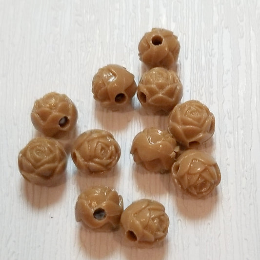 8mm Light Brown Carved Vintage Rose Flower Plastic Beads