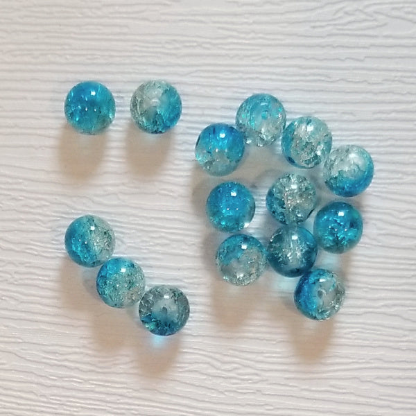 Turquoise Blue & Clear Two Tone 8mm Crackle Glass Round Beads