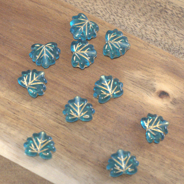 Mermaid Grove Leaves, Turquoise Maple Leaf Beads with Gold Veining