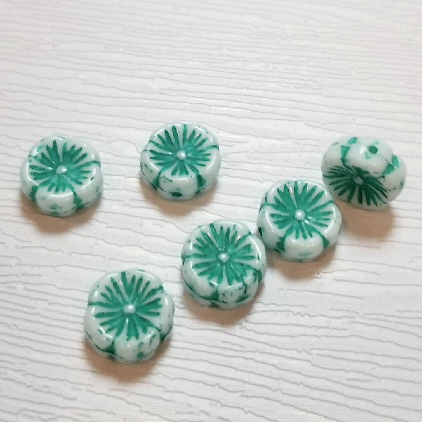 White w/ Green Detail Hibiscus Czech Glass Flower Beads, 15mm