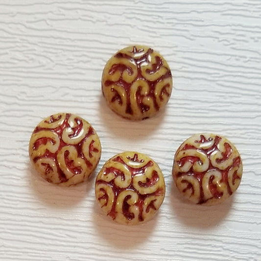 16mm Czech Glass Ornate Coin Beads - Ivory Picasso Red Wash
