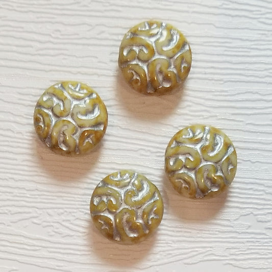 16mm Czech Glass Ornate Coin Beads - Ivory Picasso Silver Wash