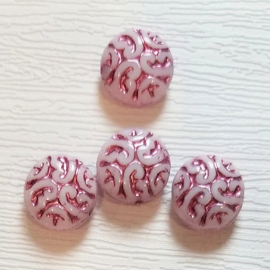 16mm Czech Glass Ornate Coin Beads - White w/Pink Wash