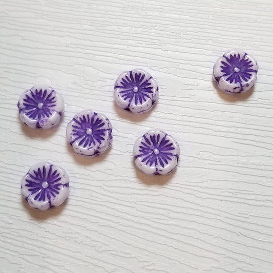 White w/ Purple Detail Hibiscus Czech Glass Flower Beads, 15mm