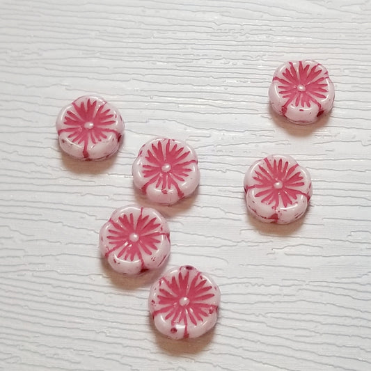 White w/ Red Detail Hibiscus Czech Glass Flower Beads, 15mm