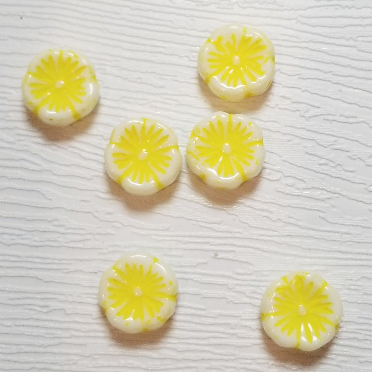 White w/ Yellow Detail Hibiscus Czech Glass Flower Beads, 15mm