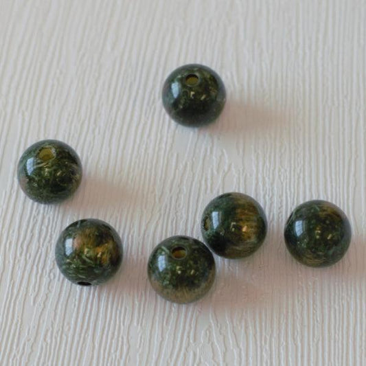 14mm Round Vintage Lucite Beads - Dark Green w/ Gold - Humpday Beads
