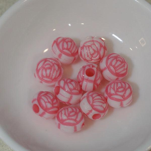 Bubblegum Pink Etched Acrylic Round Rose Flower Beads - Humpday Beads