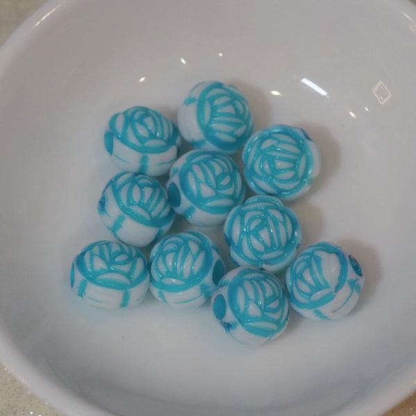 Turquoise Blue Etched Acrylic Round Rose Flower Beads - Humpday Beads