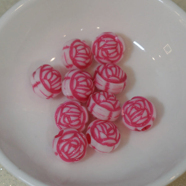 Magenta Pink Etched Acrylic Round Rose Flower Beads - Humpday Beads