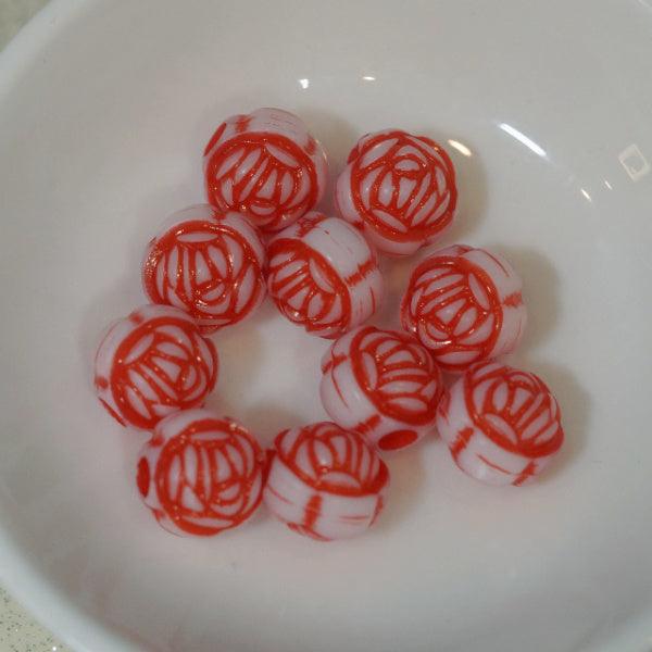 Red Etched Acrylic Round Rose Flower Beads - Humpday Beads