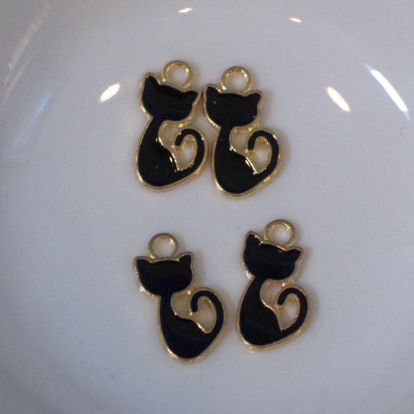 Black Retro Cat Enameled Gold Metal Charms - Humpday Beads