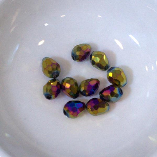 Metallic Gold w/ Purple Iris 7mm Teardrop Faceted Glass Beads - Humpday Beads