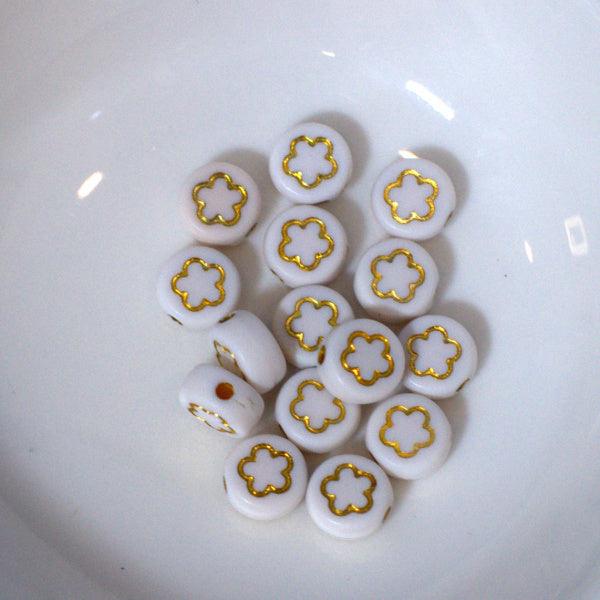 White w/Gold Flower 6mm Round Disc Acrylic Beads - Humpday Beads
