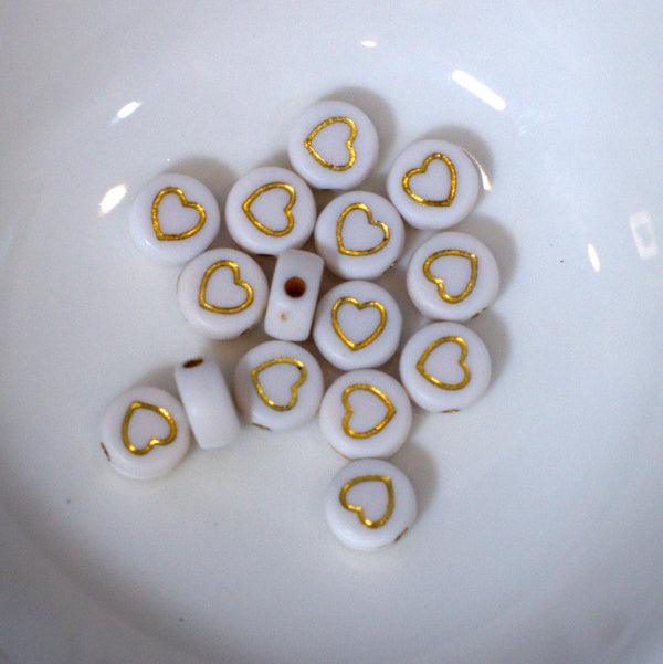 White w/Gold Heart 6mm Round Disc Acrylic Beads - Humpday Beads