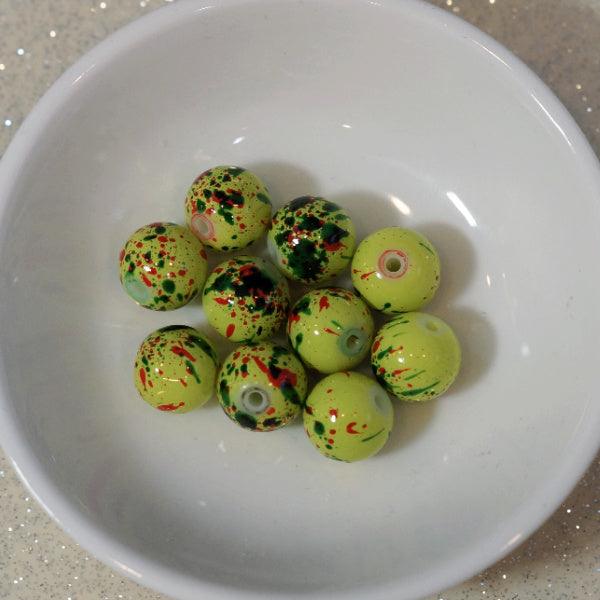 Lime Green Splatter 10mm Round Glass Beads - Humpday Beads