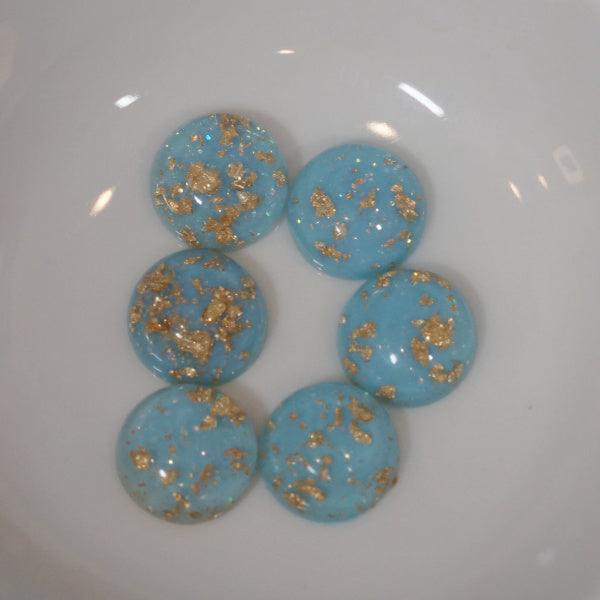 Light Blue w/ Gold Leaf Flakes Resin Cabochons - 12mm - Humpday Beads