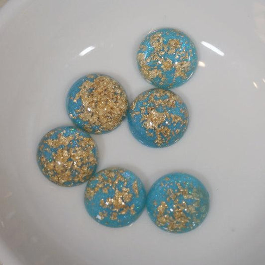 Sky Blue w/ Gold Leaf Flakes Resin Cabochons - 12mm - Humpday Beads