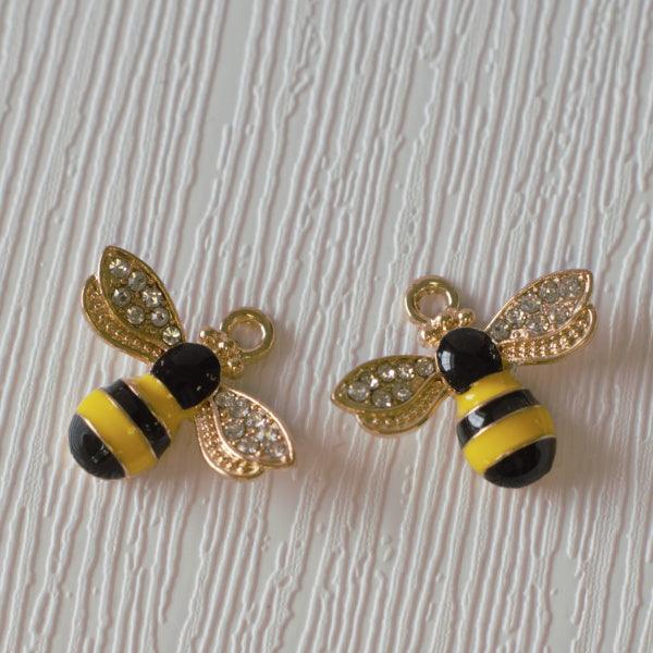 Enameled Gold Metal Charms - Bumble Bee with Pave Wings - Humpday Beads
