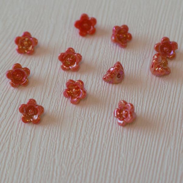 Acrylic Button Flower Beads - Persimmon Red Iridescent - Humpday Beads