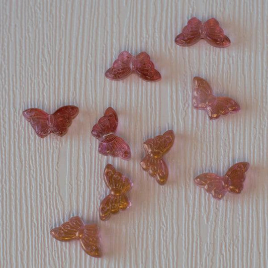 Flying Butterfly Pressed Glass Beads - Magenta Pink w/ Gold Wash - Humpday Beads