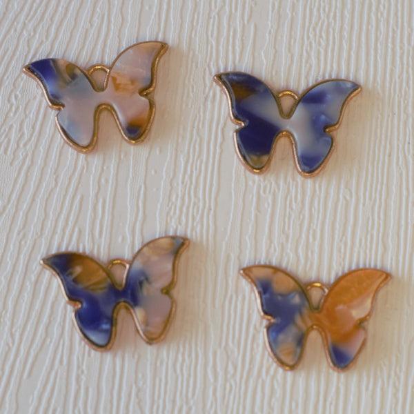 Cellulose Butterfly Gold Metal Charms - Dark Blue w/ Orange - Humpday Beads