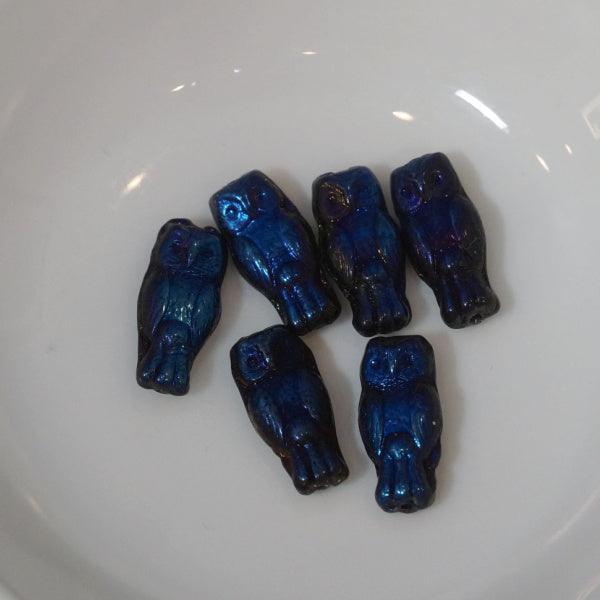 Metallic Blue Iris Owl Czech Pressed Glass Beads - Humpday Beads