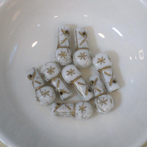 White w/Gold Retro Christmas Ornament Czech Pressed Glass Beads - Humpday Beads