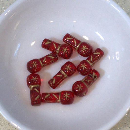 Ruby Red w/Gold Retro Christmas Ornament Czech Pressed Glass Beads - Humpday Beads