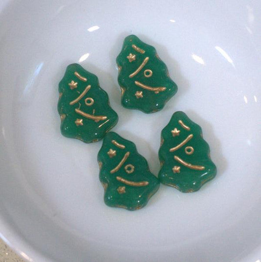 Milky Green w/Gold Christmas Tree Czech Pressed Glass Beads - Humpday Beads