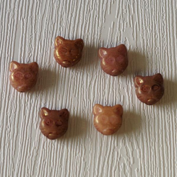 Cat Face Czech Pressed Glass Beads - Tan with Rose Gold Wash - Humpday Beads
