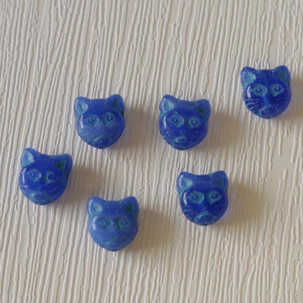 Cat Face Czech Pressed Glass Beads - Opal Blue with Aqua Wash - Humpday Beads