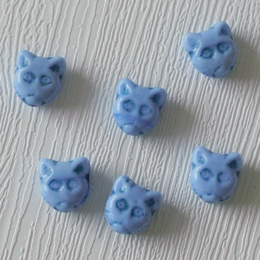 Cat Face Czech Pressed Glass Beads - Periwinkle with Green Wash - Humpday Beads
