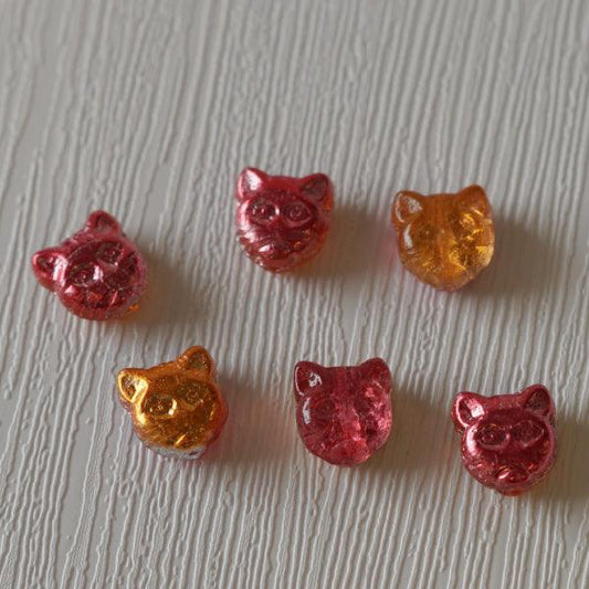 Cat Face Czech Pressed Glass Beads - Metallic Magenta and Tangerine - Humpday Beads