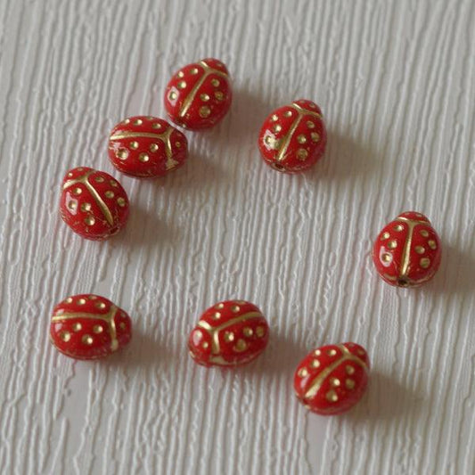 Ladybug Czech Pressed Glass Beads - Sm Red w/Gold - Humpday Beads
