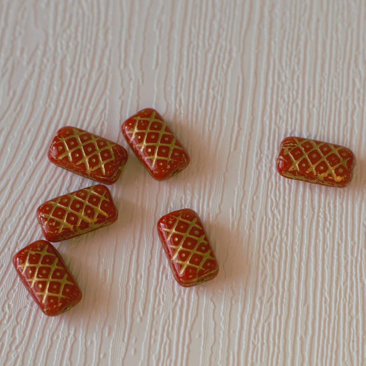 Rectangle Tablet Czech Glass Beads - Red w/ Gold - Humpday Beads