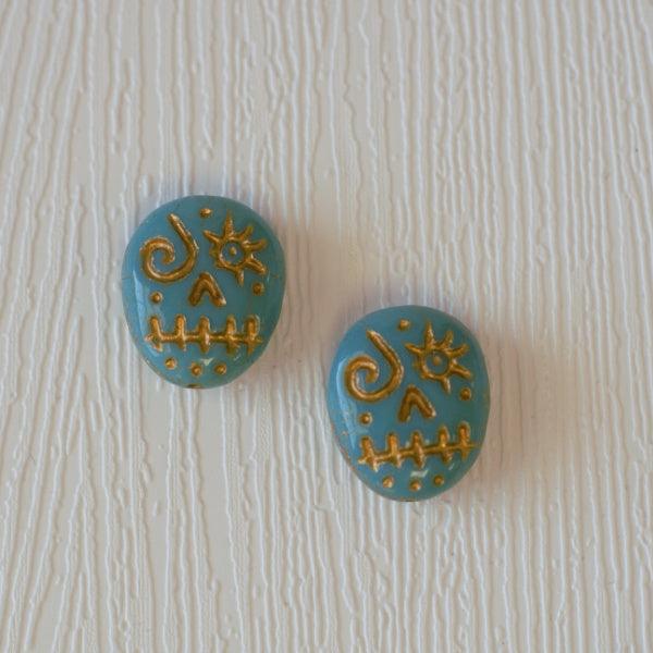 Sugar Skull Czech Pressed Glass Beads - Turquoise w/ Gold - Humpday Beads