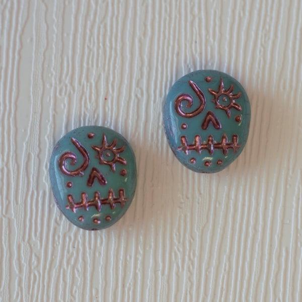 Sugar Skull Czech Pressed Glass Beads - Turquoise Blue w/ Purple - Humpday Beads