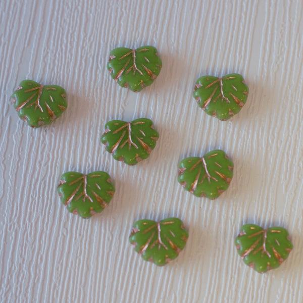 Ivy Leaf Czech Glass Beads - Pea Green w/Gold - Humpday Beads