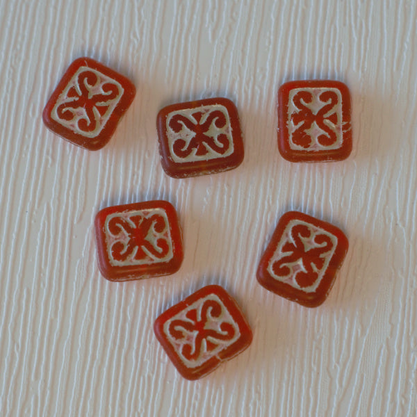 Scroll Rectangle Czech Pressed Glass Beads - Red with White Wash