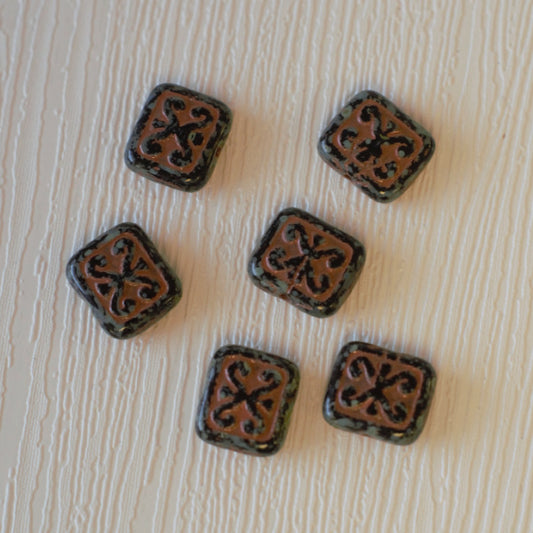 Scroll Rectangle Czech Pressed Glass Beads - Black Picasso with Red Wash