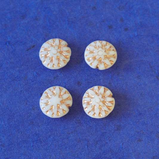 15mm Flower Disc Czech Pressed Glass Beads - White w/ Gold